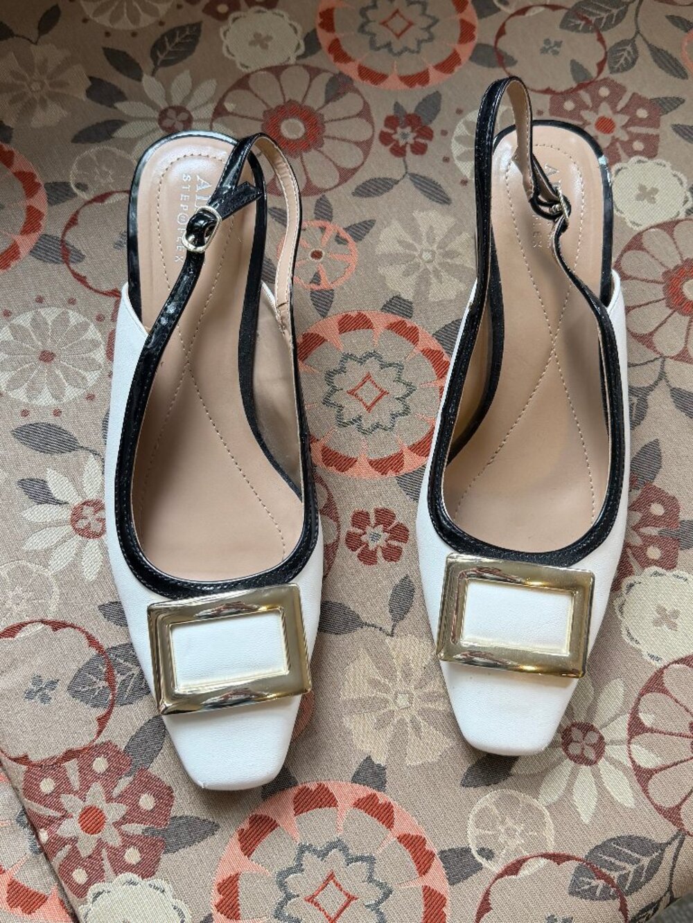 Gold Buckle White Leather Block Heels w/ Black Detailing